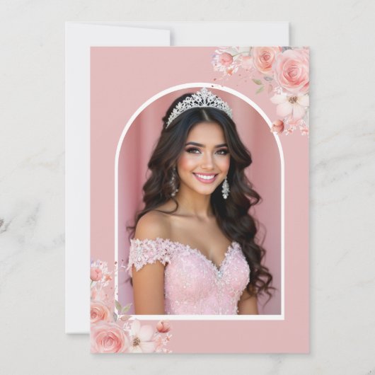 Quinceañera Foto Blush Roze Roos Bloemen Dank u Bedankkaart (Achterkant)