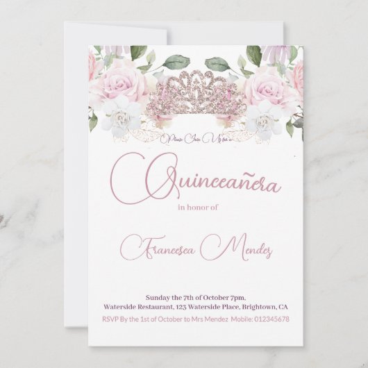 Quinceanera Foto Blush Roze Waterverf Bloemen Kaart (Voorkant)