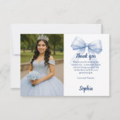 Quinceanera foto boog blauw wit script bedankkaart (Voorkant)