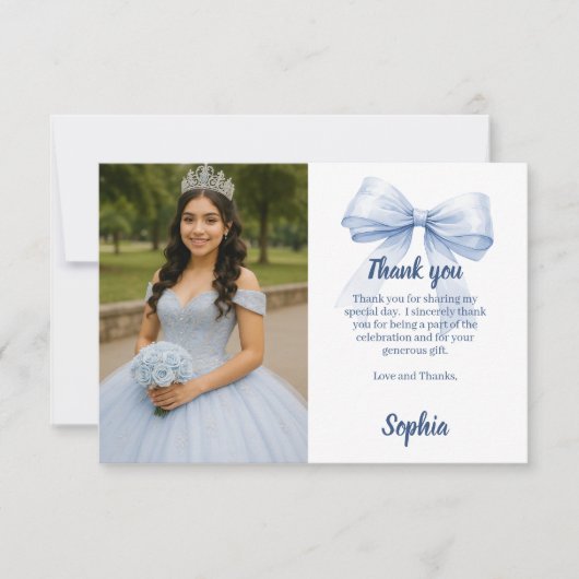 Quinceanera foto boog blauw wit script bedankkaart (Voorkant)