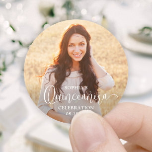 Quinceañera Foto en Modern Trendy Wit Script Ronde Sticker