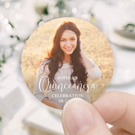 Quinceañera Foto en Modern Trendy Wit Script Ronde Sticker