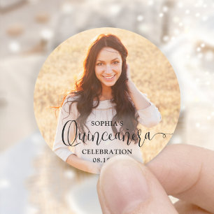 Quinceañera Foto en Modern Trendy Zwart Script Ronde Sticker