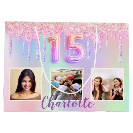 Quinceanera foto holografisch roze groot cadeauzakje (Achterkant)