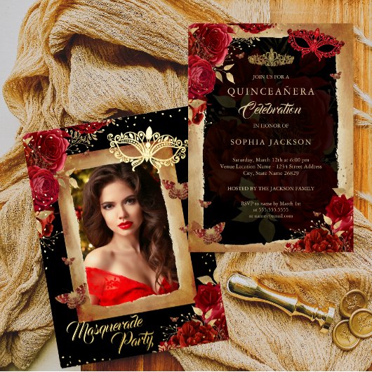 Quinceanera Foto Masquerade Party Red Rose Gold Folie Uitnodiging