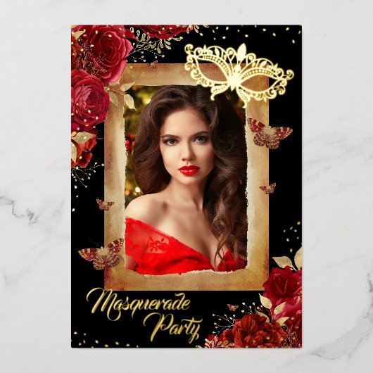 Quinceanera Foto Masquerade Party Red Rose Gold Folie Uitnodiging (Voorkant)