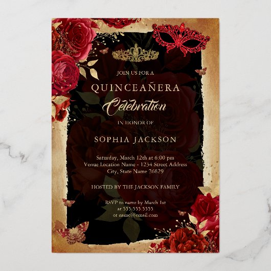 Quinceanera Foto Masquerade Party Red Rose Gold Folie Uitnodiging (Achterkant)