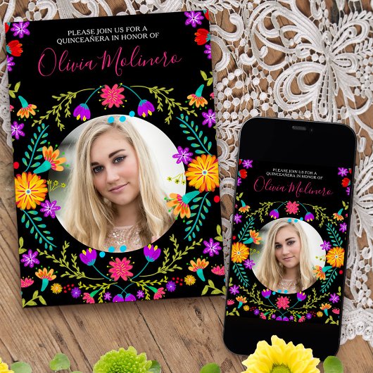 Quinceanera Foto Mexicaanse Fiesta Bloemen Zwart Kaart