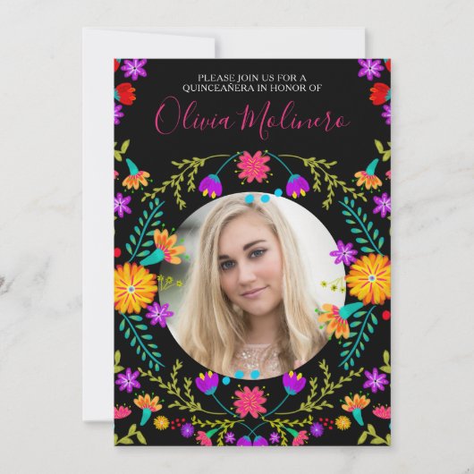 Quinceanera Foto Mexicaanse Fiesta Bloemen Zwart Kaart (Voorkant)
