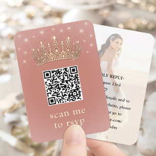 Quinceañera Foto QR RSVP Roze Gouden Kroon Scan Me Informatiekaartje
