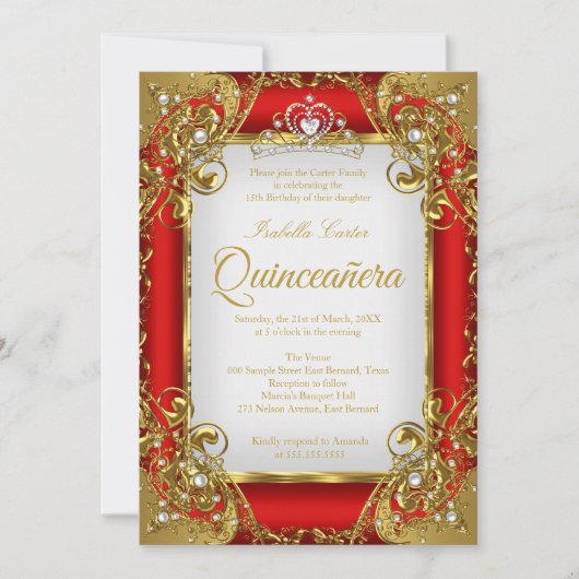 Quinceanera Foto: Red Golden Pearl Tiara Party Kaart (Voorkant)