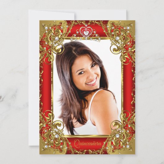Quinceanera Foto: Red Golden Pearl Tiara Party Kaart (Achterkant)
