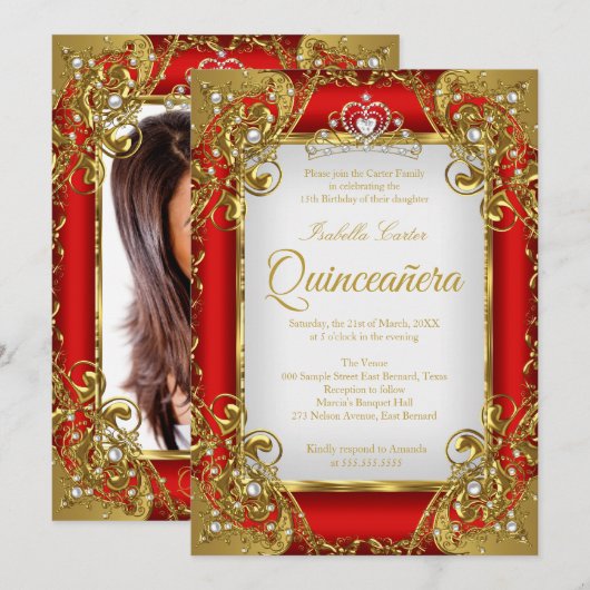 Quinceanera Foto: Red Golden Pearl Tiara Party Kaart (Voorkant / Achterkant)