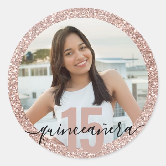Quinceanera Foto roze Glitter 15th Birthday Ronde Sticker (Voorkant)