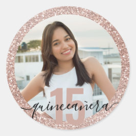 Quinceanera Foto roze Glitter 15th Birthday Ronde Sticker