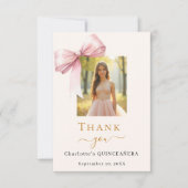Quinceanera foto roze strik crème bedankkaart (Voorkant)