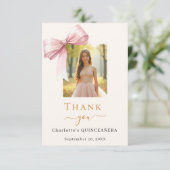 Quinceanera foto roze strik crème bedankkaart (Staand voorkant)