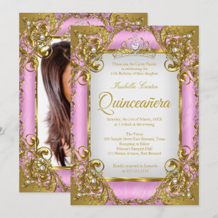 Quinceanera Foto Roze Witte Gouden Parel Tiara Kaart