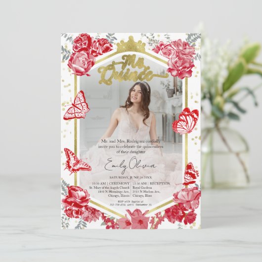 Quinceanera foto uitnodiging rood bloemgoud folie (Staand voorkant)