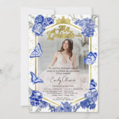 Quinceanera foto uitnodiging Royal Blue Floral Gol (Voorkant)