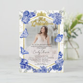 Quinceanera foto uitnodiging Royal Blue Floral Gol (Staand voorkant)