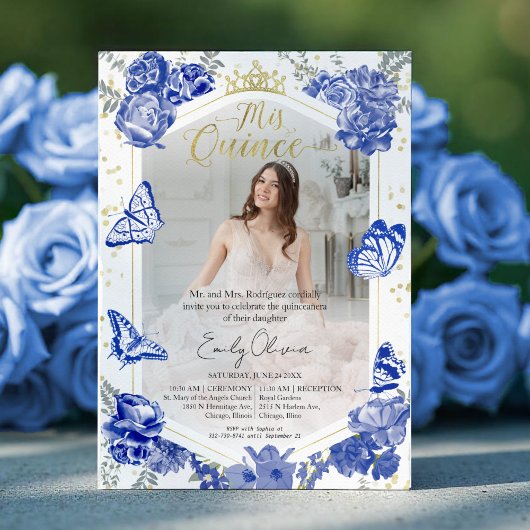 Quinceanera foto uitnodiging Royal Blue Floral Gol