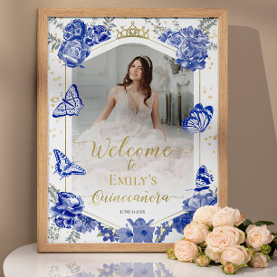 Quinceanera Foto Welkomstbord Royal Blue Floral Poster