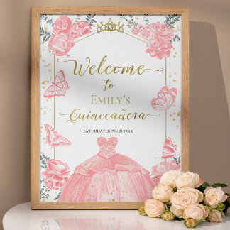 Quinceanera Foto Welkomstbord Roze Bloemen Goud Poster