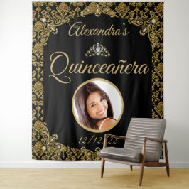 Quinceanera Foto Zwarte Gouden Damast Tiara Verjaa Wandkleed