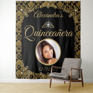 Quinceanera Foto Zwarte Gouden Damast Tiara Verjaa Wandkleed