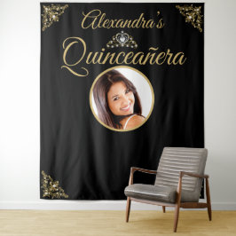 Quinceanera Foto Zwarte Gouden Tiara Verjaardagsfe Wandkleed