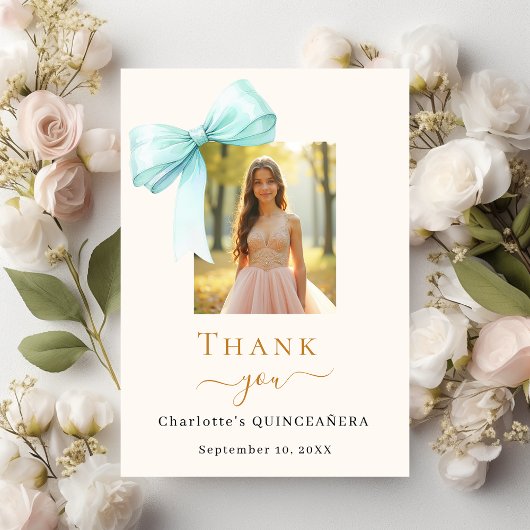 Quinceanera fotoboog blauwgroen crème bedankkaart