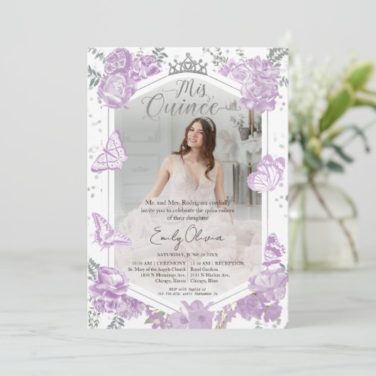 Quinceanera fotouitnodiging Lavendel Bloemen Kaart (Staand voorkant)
