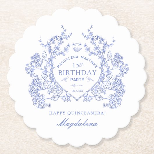 Quinceanera Franse Blauwe Bloemkam Custom Kartonnen Onderzetters (Voorkant)