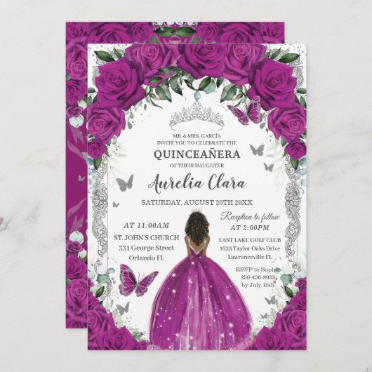 Quinceanera Fuchsia Bloemen Zilver Bruin Kaart (Voorkant / Achterkant)