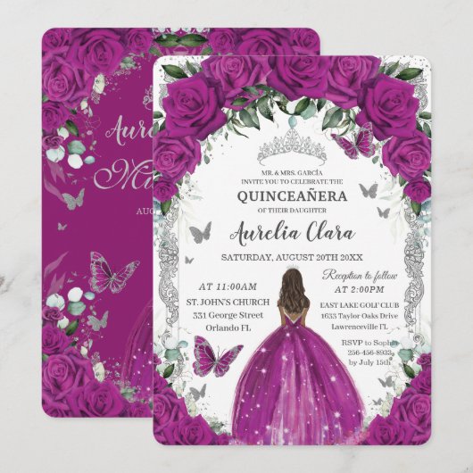 Quinceanera Fuchsia Bloemen Zilver Bruin Kaart (Voorkant / Achterkant)