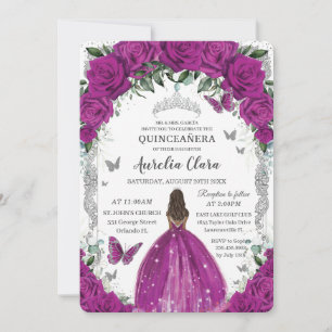 Quinceanera Fuchsia Bloemen  Zilver Bruin Kaart