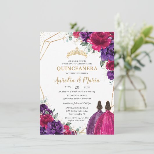 Quinceañera Fuchsia Donker Paarse Bloemen Rozen Tw Kaart (Staand voorkant)