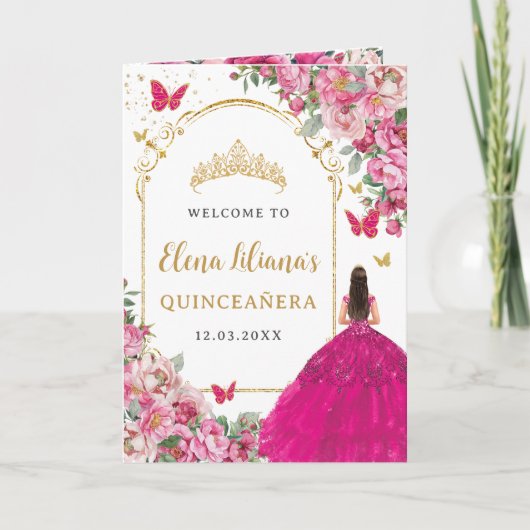 Quinceañera Fuchsia Gold Padrinos Events Program Programma (Voorkant)