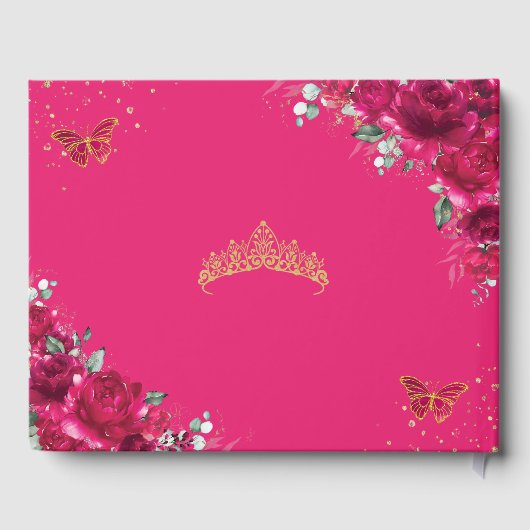 Quinceanera Fuchsia Hete Roze Bloemen Vlinders Gastenboek (Achterkant)