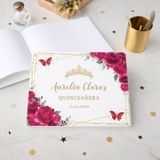 Quinceanera Fuchsia Hete Roze Bloemen Vlinders Gastenboek (Voorkant open)