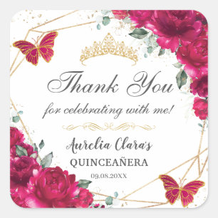 Quinceañera Fuchsia Hot Roze Bloemenvlinders Vierkante Sticker