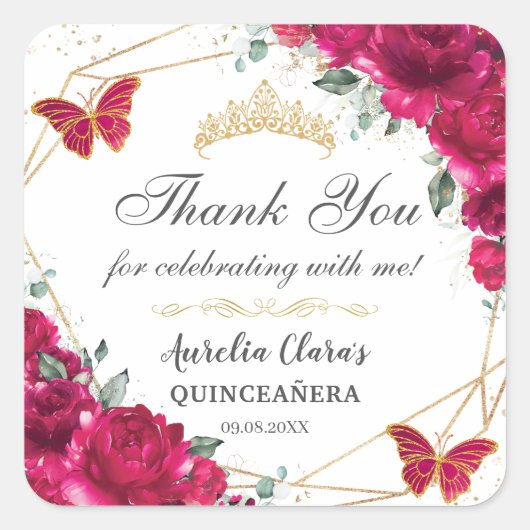 Quinceañera Fuchsia Hot Roze Bloemenvlinders Vierkante Sticker (Voorkant)