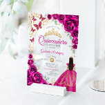 Quinceanera Fuchsia Pink Gold Floral Acryl Uitnodigingen<br><div class="desc">Fuchsia pink,  gold and white Quinceanera celebration invitation. Features brunette girl in ball gown dress,  script font,  gold butterflies,  watercolor roses and tiara. Perfect for an elegant princess style glam celebration. Personalize with your own details. Stylish transparent or frosted acrylic invitations.</div>
