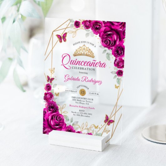 Quinceanera Fuchsia Pink Gold Floral Acryl Uitnodigingen