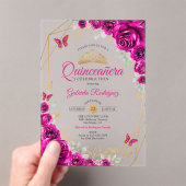 Quinceanera Fuchsia Pink Gold Floral Acryl Uitnodigingen (Insitu (Draagbaar))
