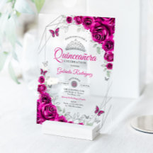 Quinceanera Fuchsia Pink Silver Floral