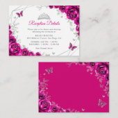 Quinceanera Fuchsia Pink Silver Floral Details Informatiekaartje (Voorkant / Achterkant)