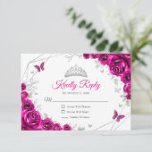 Quinceanera Fuchsia Pink Silver Floral Reply RSVP Kaartje (Staand voorkant)