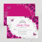 Quinceanera Fuchsia Pink Silver Floral Reply RSVP Kaartje (Voorkant / Achterkant)